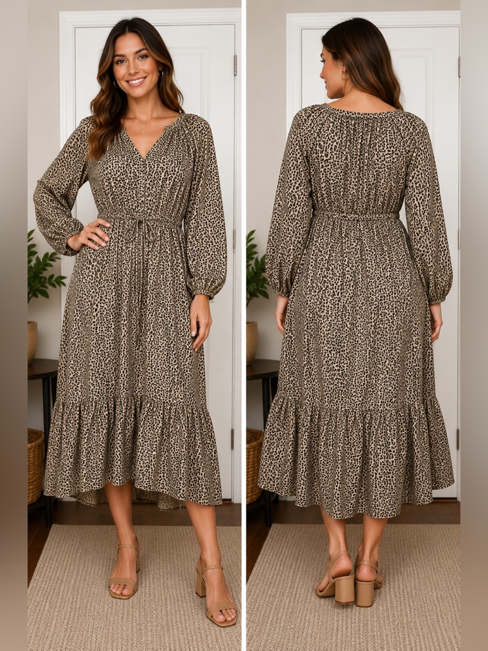 A New Day Leopard Print Midi Dress Large Long Sleeve Tie Waist Boho